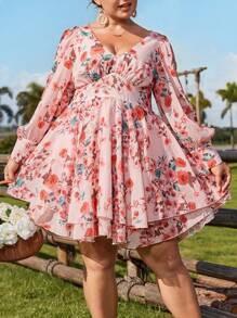 Flirla Vestido de manga larga con cuello en V y estampado floral para tallas grandes