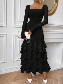 SHEIN Privé Ruffle Hem Long Sleeve Long Black Bodycon Dress - Black - View 6