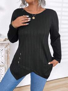 Plus Size Women Asymmetrical Hem Buttoned Casual Pullover Top Tee Shirt In Black, Fall/Winter - Black - View 1