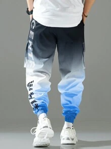 Manfinity Hypemode 男士前系带多口袋字母印花渐变色休闲裤，秋季 - 彩色 - 查看 2