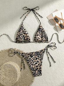Swim Vcay 2025 Leopard Print Lace Trim Halter Bikini Set, Random Print Summer