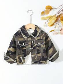 SHEIN Girls' Washed Soft Camouflage Print Denim Jacket - Army Green - View 1