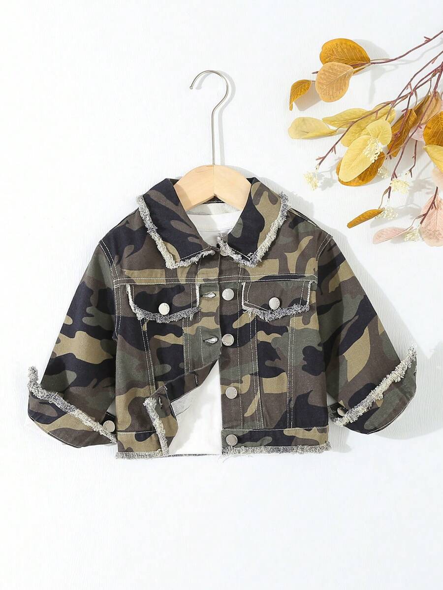 SHEIN Girls' Washed Soft Camouflage Print Denim Jacket - Army Green - View 1