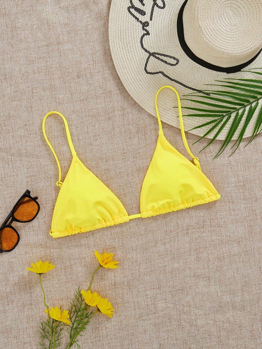 SHEIN Swim 适合夏季海滩的女士纯色黄色性感比基尼上衣 - 黃色 - 查看 1