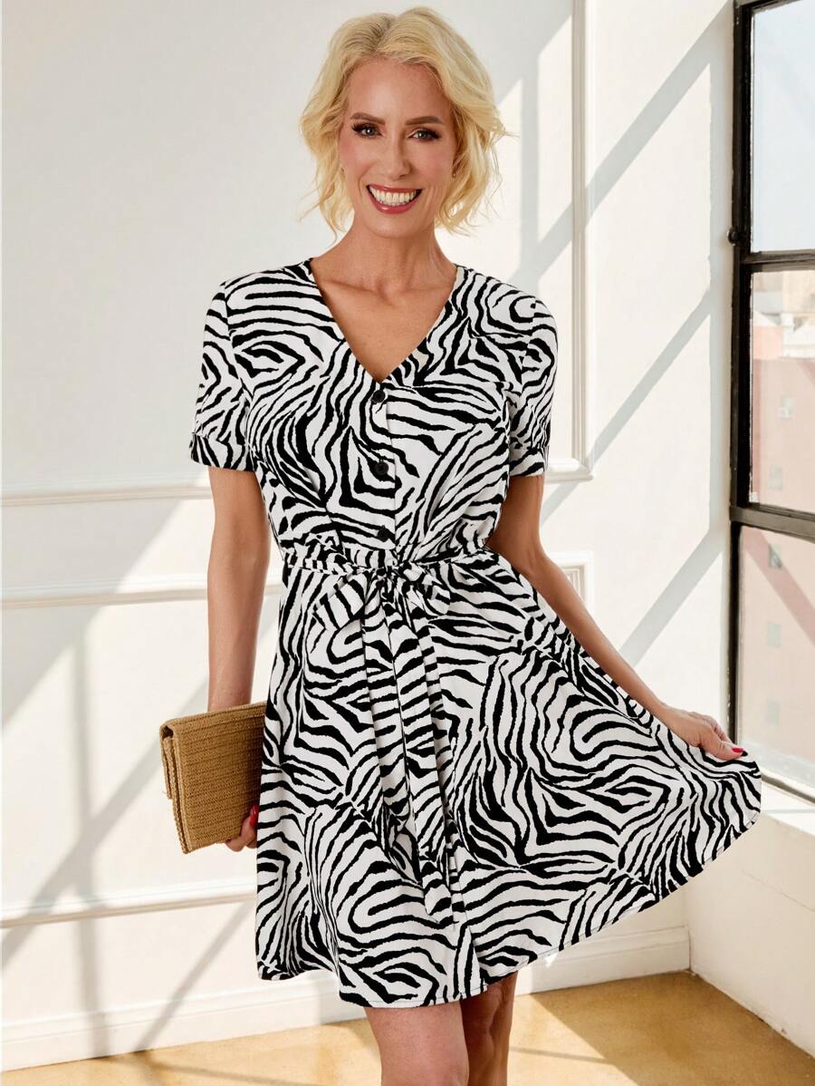 SHEIN LUNE Fashion Grandmamma NANA Zebra Print Short Sleeve Dress - Black - View 1