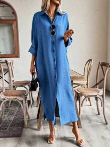 Chiquease Loose Batwing Sleeve Vacation Style Shirt Dress With Front Buttons - Medium Wash - View 6