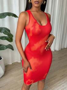 VaVaBold Tie Dye Pleated Slim Fit Sleeveless Bodycon Dress For New Year Clothes