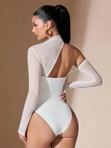 SHEIN BAE Black Mesh Contrast Bodysuits, Asymmetrical Bodysuits, Strapless Bodysuits For Women - Concert Women Outfits, Festival Outfits, Summer Tops - White - View 2