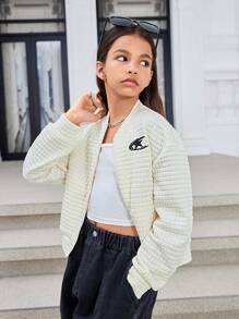 Tween Girls Loose Fit Casual Fashionable Textured Embroidered Jacket Cardigan - Apricot - View 4