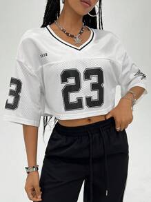 SHEIN Coolane Camiseta de manga corta con estampado de número de carreras de estilo de calle de primavera/verano de mujer, ropa deportiva de calle