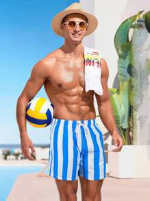Surfspeed Men Letter & Striped Drawstring Waist Loose Beach Shorts - Multicolor - View 4