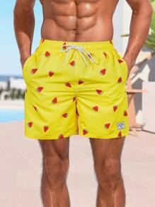 Surfspeed Men Watermelon Applique Print Drawstring Casual Beach Shorts With Pockets, Summer - Yellow - View 4