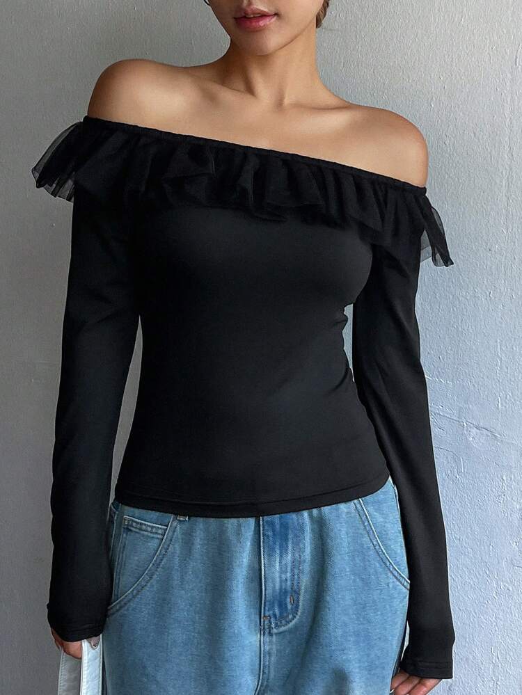 Women's Off Shoulder Mesh Splice Ruffle Collar Bodycon T-Shirt Long Sleeve Women Tops,Fall Women Clothes