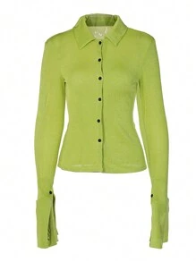 INAWLY Women Collared Long Sleeve Button-Up Casual T-Shirt, Fall Clothes - Green - View 3