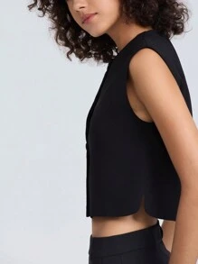 Front Button Fastening Sleeveless Casual Summer Tank Top Black - Black - View 4