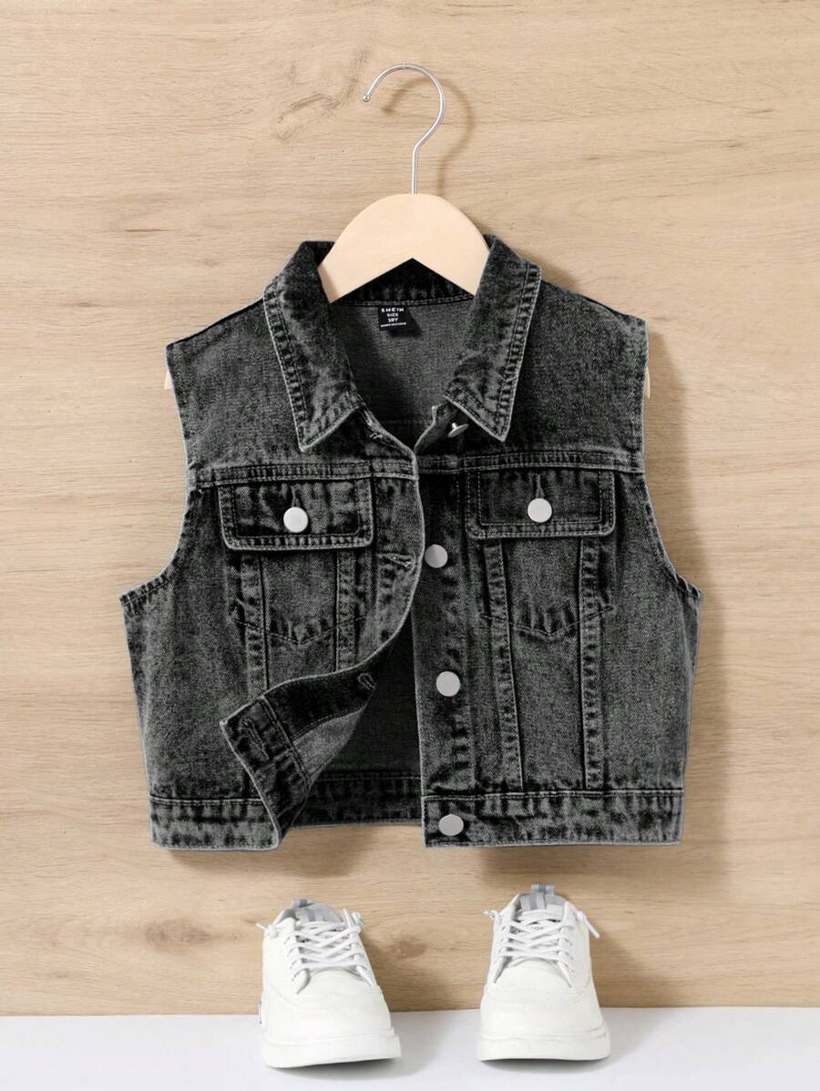 SHEIN Tween Girls' Summer Casual Washed Denim Vest