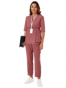 醫護專業人員用腰部束腰短袖上衣和褲子制服套裝，2件套裝 - 珊瑚粉 - 查看 5