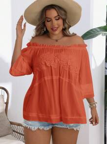 SHEIN VCAY Plus Size Women Embroidered Decor Simple Daily Off-Shoulder Long Sleeve Shirt - Redwood - View 4
