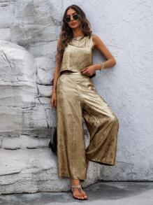 SHEIN LUNE 2 pezzi Set di top senza maniche e pantaloni casual con rivestimento metallico, estivo, casual - Dorato - Visualizzare 6