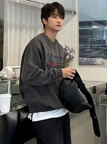 DAZY Men's Autumn Letter Print Pullover Sweatshirt , Crewneck - Grey - View 10