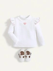 Cozy Pixies Parte superior con cuello de volantes de punto y estampado de corazón para bebé niña - Blanco - Ver 1
