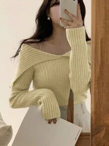 DAZY Women Off Shoulder Solid Minimalist Casual Sweater Off Shoulder Sweater,Fall Women Clothes Cute Tops - Yellow - View 7