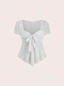 SHEIN Unity Áo thun lưới viền vải xếp nếp có cổ ngắn tay dành cho nữ, trang phục thường ngày - Xám - Xem 1