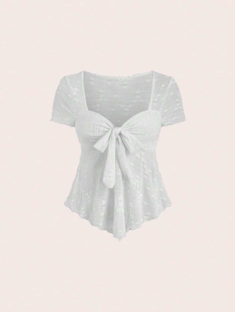 SHEIN Unity Women's Sweetheart Collar Short Sleeve Tie-Front Ruched Hem Mesh T-Shirt, Casual Daily Wear - Grey - View 1