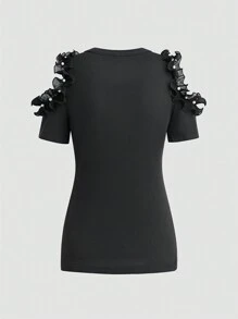 SHEIN Unity Women's Knitted Sleeve Shoulder Hollowed-Out Beaded Black T-Shirt - Black - View 2