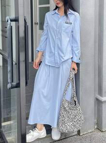 DAZY 女士休闲字母印花长袖衬衫和裙子两件套，春秋 - 藍色 - 查看 5