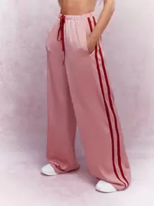MISSGUIDED 街头缎面撞色侧条纹抽绳阔腿裤 - 粉色 - 查看 1