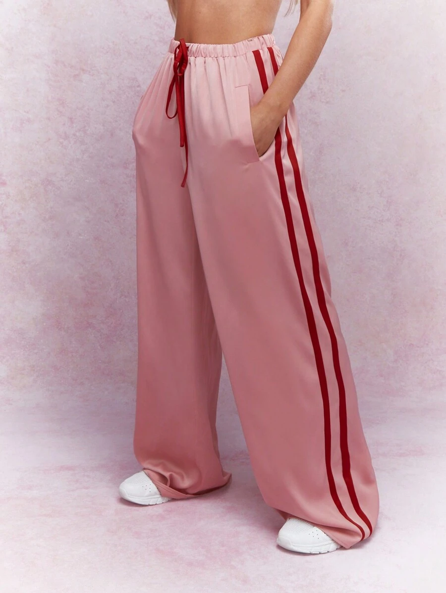 MISSGUIDED 街头缎面撞色侧条纹抽绳阔腿裤 - 粉色 - 查看 1