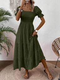 EMERY ROSE Women's Solid Color Simple Casual Puff Sleeve Dress Maxi Women Outfit