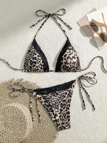 Swim Vcay 2025 Leopard Print Lace Trim Halter Bikini Set, Random Print Summer