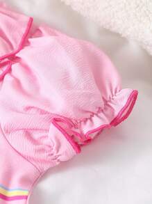 2pcs Girls' Simple Colorful Cartoon Printed Short Sleeve Casual Loose Shorts Home Wear Set - Pink - View 3