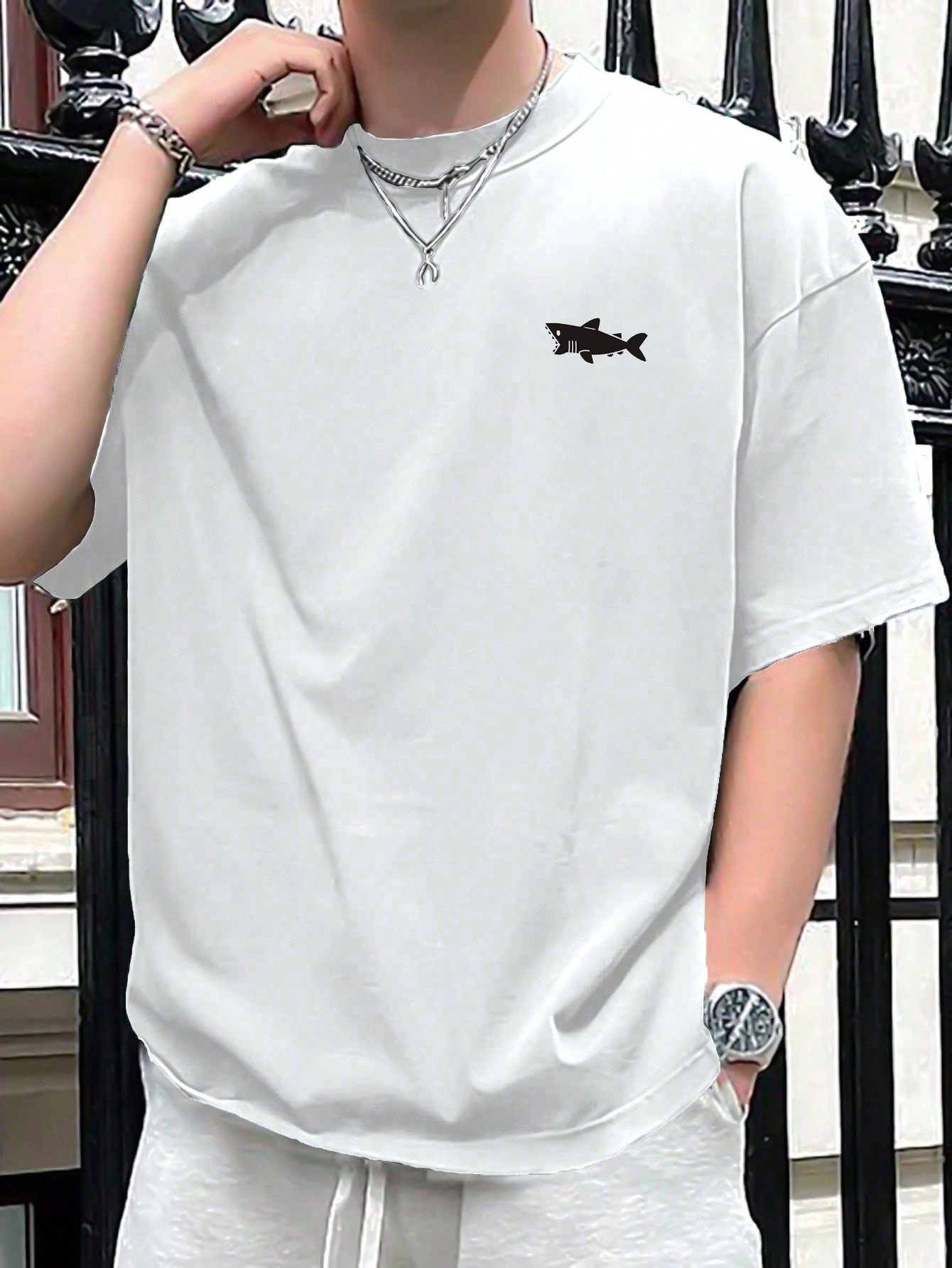 Men's Summer Loose Shark Print Round Neck Drop Shoulder Casual T-Shirt