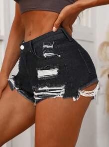 SHEIN PETITE Women's Button Pocket Ripped Design Casual Denim Shorts - Black - View 5