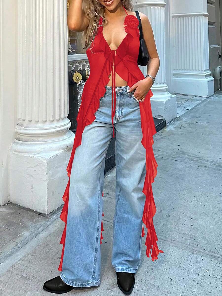 女士简约纯色休闲开襟羊毛衫，3D玫瑰花装饰，波浪下摆 - 紅色 - 查看 1