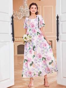 SHEIN Teen Girl's Woven Square Neck Floral Printed Dress