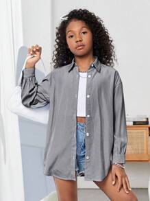 SHEIN Camisa deportiva casual de manga larga a rayas tejida estilo universitario para niñas preadolescentes