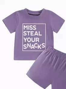 SHEIN Baby Girls' Purple Short Sleeve T-Shirt And Shorts Set Style Hit  Summer Tops  Thanksgiving Outfits For Girls