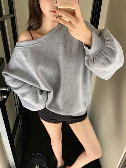 DAZY Oversized Women's Asymmetrical Neck Loose Fleece Sweatshirt,Long Sleeve Tops,Fall Clothes,Winter