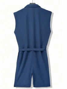 Manfinity Homme Men's Solid Color Lapel Sleeveless Jumpsuit With Waist Tie - Blue - View 2