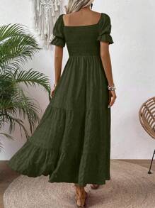 EMERY ROSE Women's Solid Color Simple Casual Puff Sleeve Dress Maxi Women Outfit - Olive Green - View 2