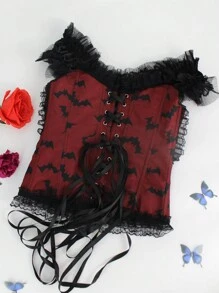 SHEIN Unity 蝙蝠印花撞色蕾丝边露肩上衣，适合万圣节哥特风 Y2K 风格 - 彩色 - 查看 4