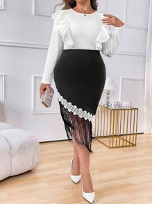 SHEIN Unity 大码春秋优雅拼色荷叶边下摆流苏下摆中长连衣裙 - 黑與白 - 查看 5