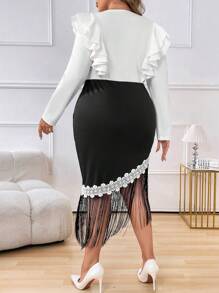 SHEIN Unity 大码春秋优雅拼色荷叶边下摆流苏下摆中长连衣裙 - 黑與白 - 查看 2