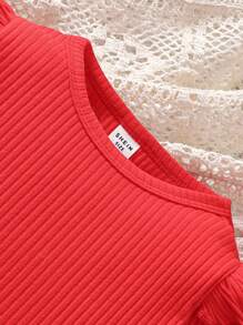 2pcs Baby Girls' Spring/Autumn Red Ruffle Long Sleeve Top & Cute Rabbit Embroidered Red Polka Dot Dungaree Pants Set - Red - View 4