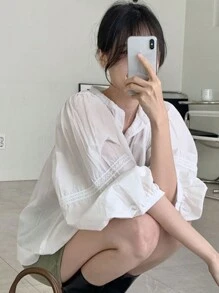 DAZY 女士纯色简约纽扣长袖衬衫 - 白色 - 查看 5