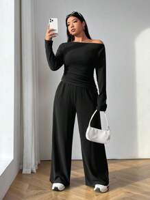 SHEIN EZwear 女士黑色长袖T恤和长裤两件套加大码针织套装 - 黑色 - 查看 5
